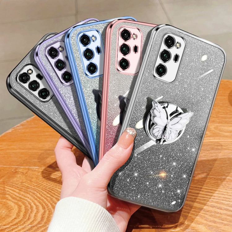 For Honor V30 Pro Plated Gradient Glitter Butterfly Holder TPU Phone Case