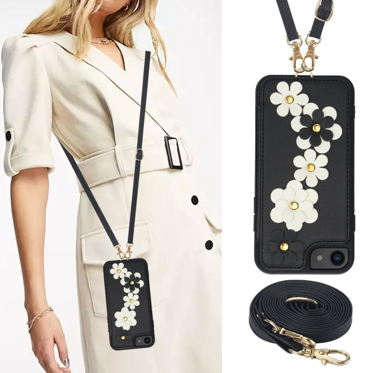 For iPhone SE 2022 / SE 2020 Crossbody Flower Pattern Leather Phone Case