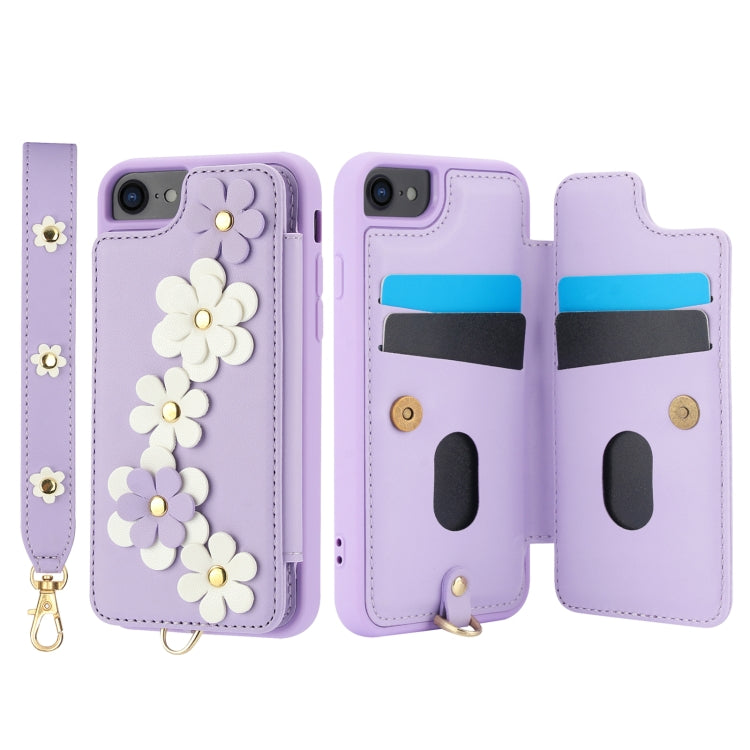 For iPhone SE 2022 / SE 2020 Crossbody Flower Pattern Leather Phone Case