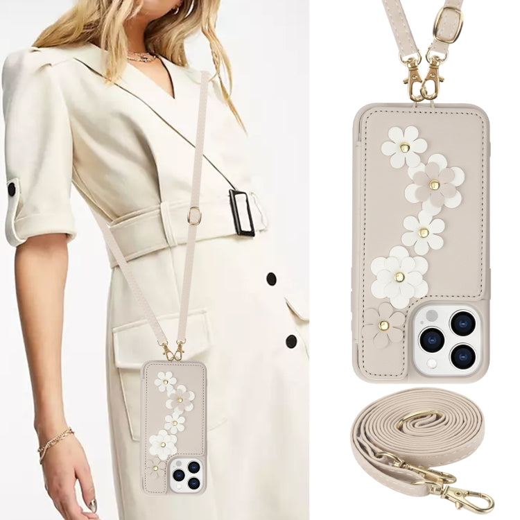 For iPhone 13 Pro Crossbody Flower Pattern Leather Phone Case