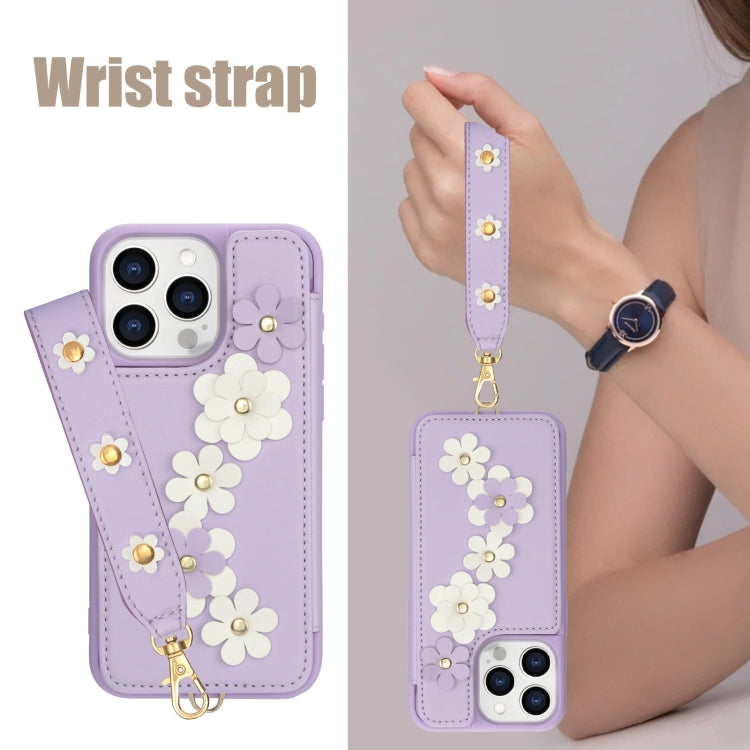 For iPhone 13 Pro Crossbody Flower Pattern Leather Phone Case