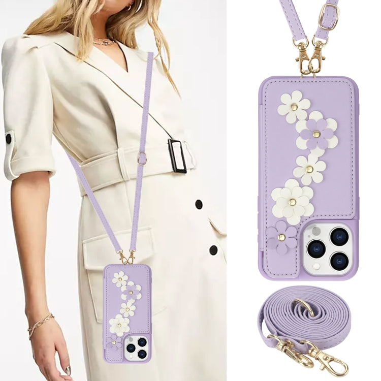 For iPhone 13 Pro Crossbody Flower Pattern Leather Phone Case