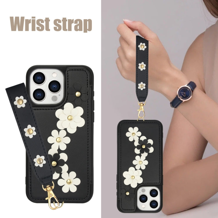 For iPhone 13 Pro Max Crossbody Flower Pattern Leather Phone Case