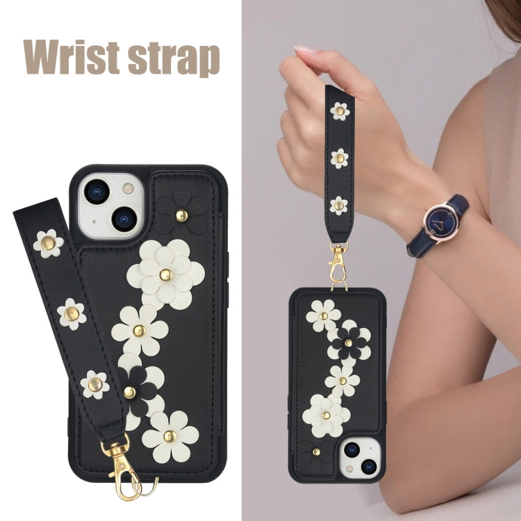 For iPhone 14 / 13 Crossbody Flower Pattern Leather Phone Case