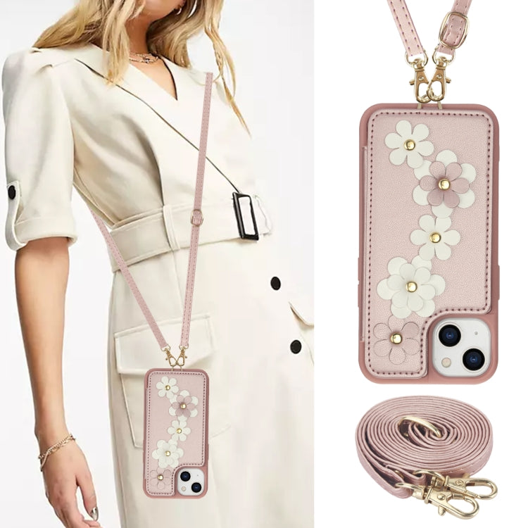 For iPhone 14 / 13 Crossbody Flower Pattern Leather Phone Case
