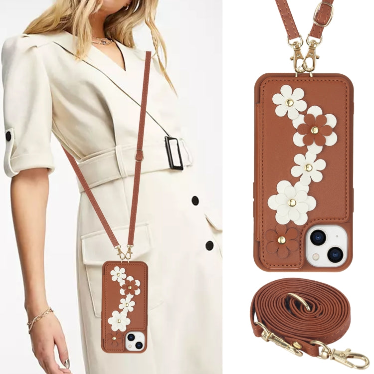 For iPhone 14 / 13 Crossbody Flower Pattern Leather Phone Case