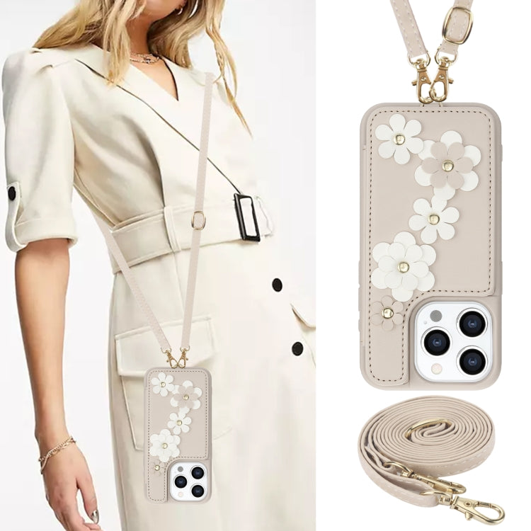 For iPhone 14 Pro Crossbody Flower Pattern Leather Phone Case