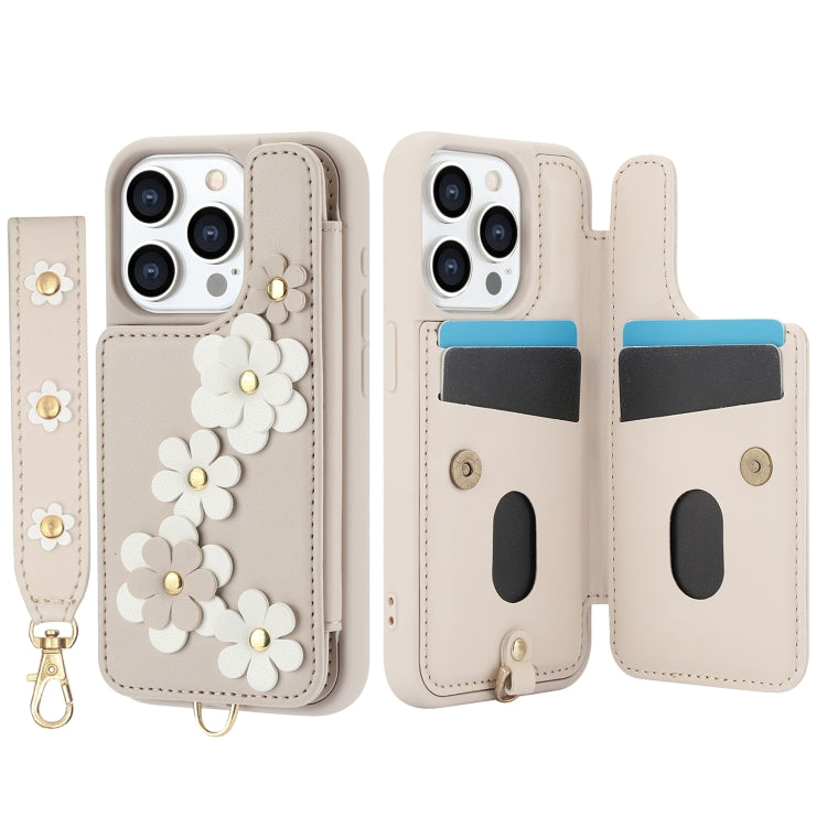 For iPhone 14 Pro Max Crossbody Flower Pattern Leather Phone Case