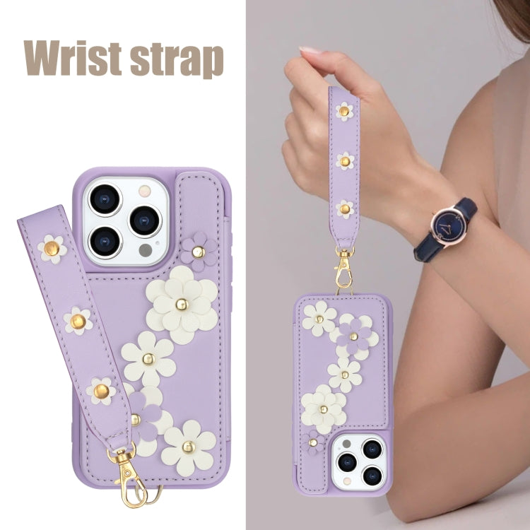 For iPhone 14 Pro Max Crossbody Flower Pattern Leather Phone Case