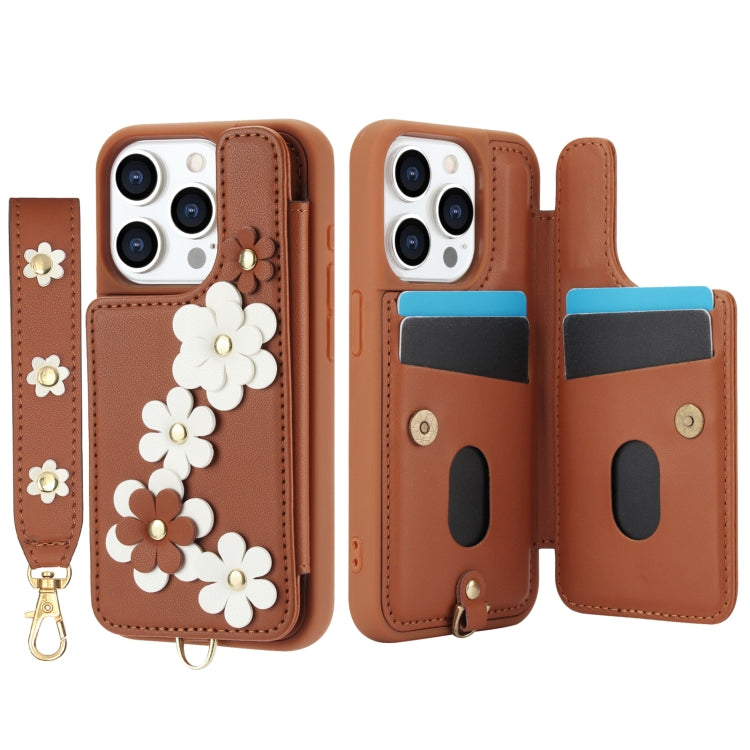 For iPhone 14 Pro Max Crossbody Flower Pattern Leather Phone Case