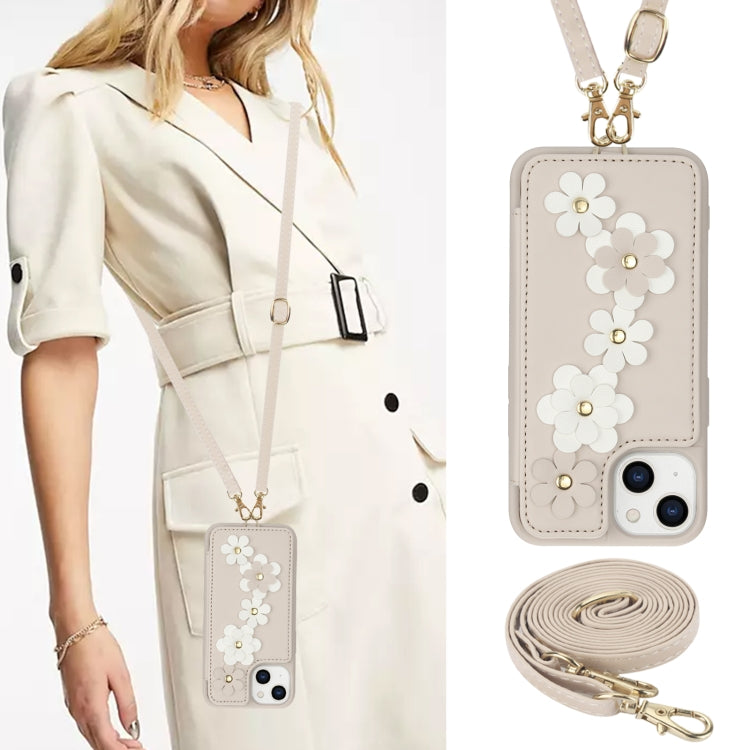For iPhone 15 Plus / 14 Plus Crossbody Flower Pattern Leather Phone Case