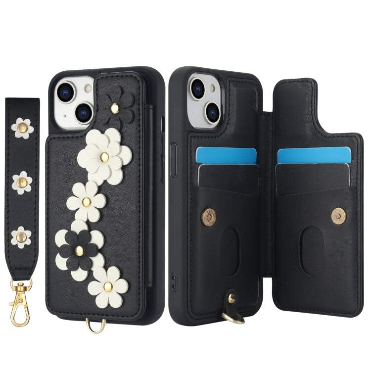 For iPhone 15 Crossbody Flower Pattern Leather Phone Case