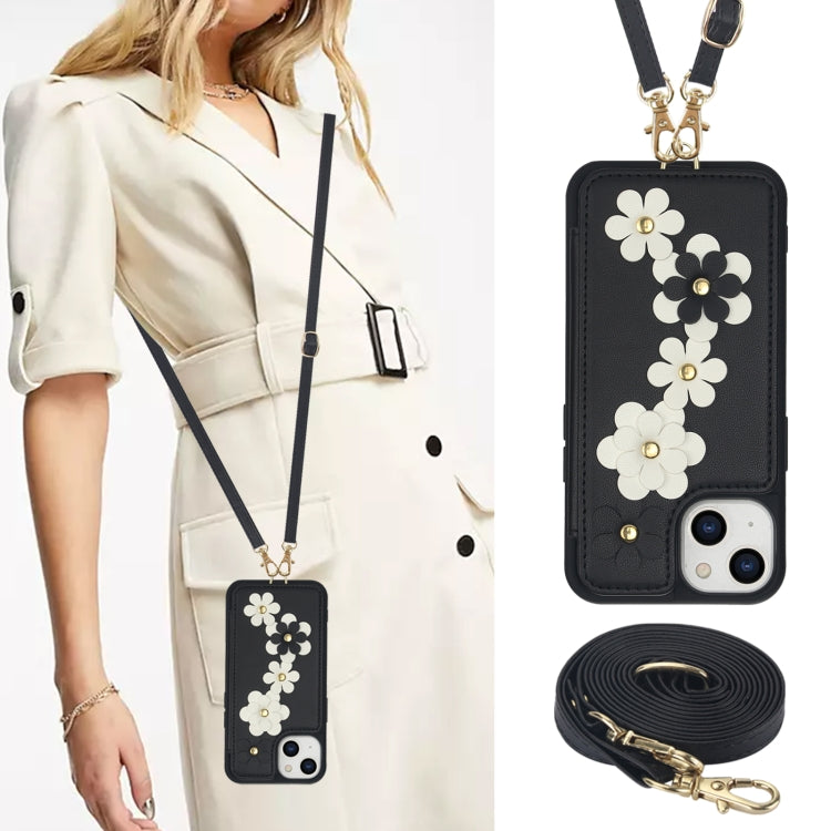 For iPhone 15 Crossbody Flower Pattern Leather Phone Case