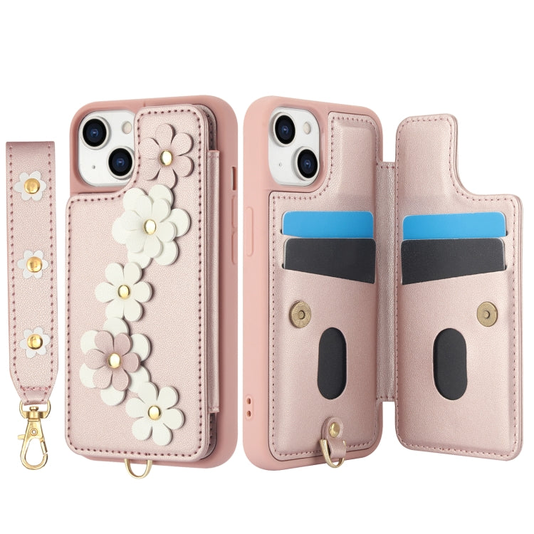 For iPhone 15 Crossbody Flower Pattern Leather Phone Case