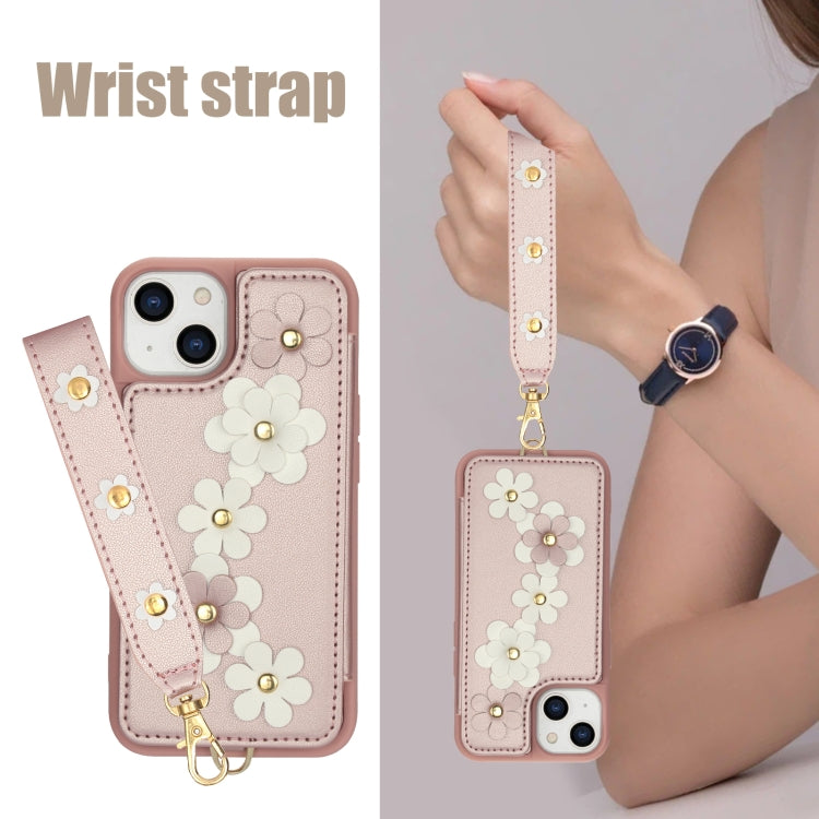 For iPhone 15 Crossbody Flower Pattern Leather Phone Case
