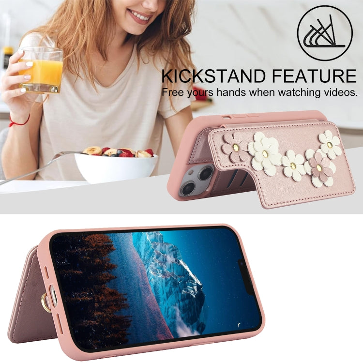 For iPhone 15 Crossbody Flower Pattern Leather Phone Case