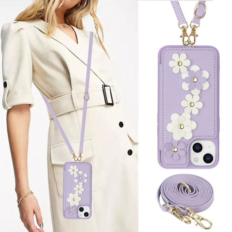 For iPhone 15 Crossbody Flower Pattern Leather Phone Case