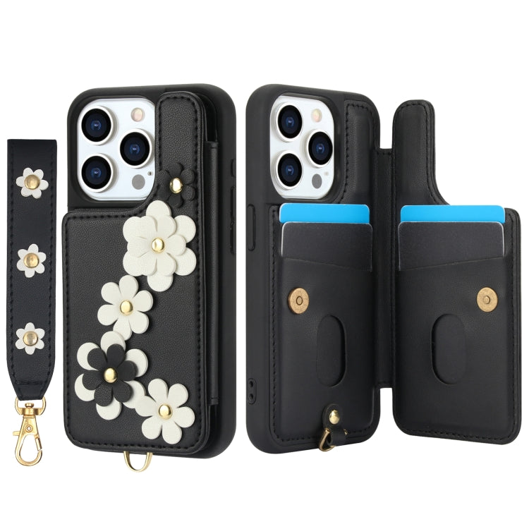 For iPhone 15 Pro Crossbody Flower Pattern Leather Phone Case
