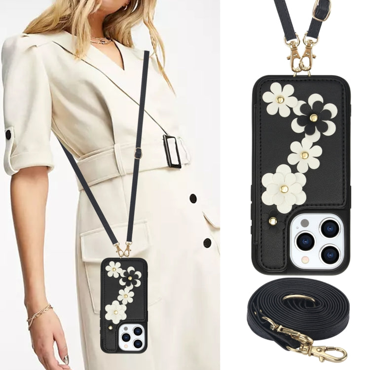 For iPhone 15 Pro Crossbody Flower Pattern Leather Phone Case