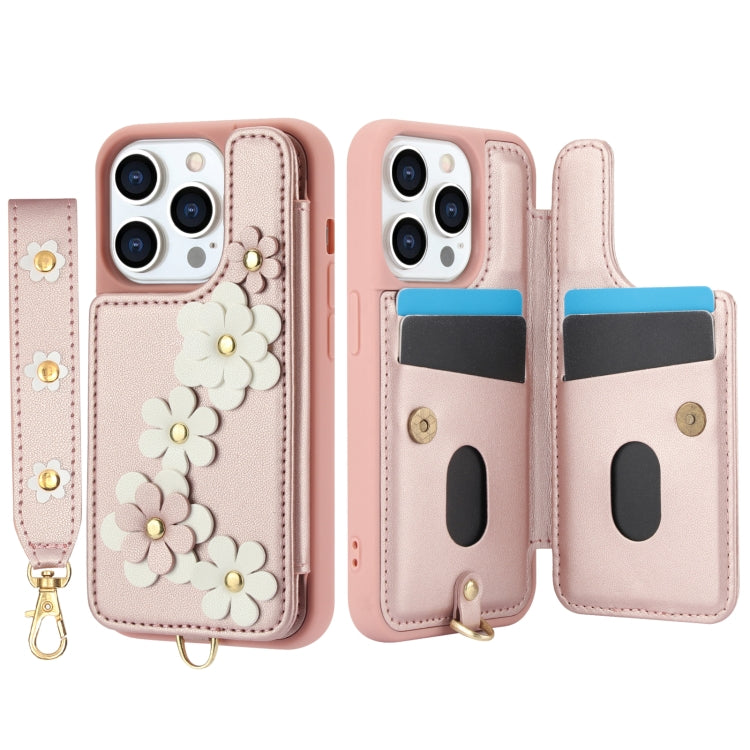 For iPhone 15 Pro Crossbody Flower Pattern Leather Phone Case