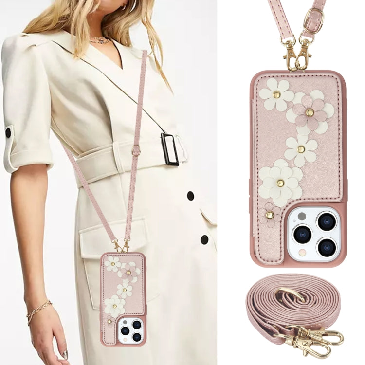 For iPhone 15 Pro Crossbody Flower Pattern Leather Phone Case