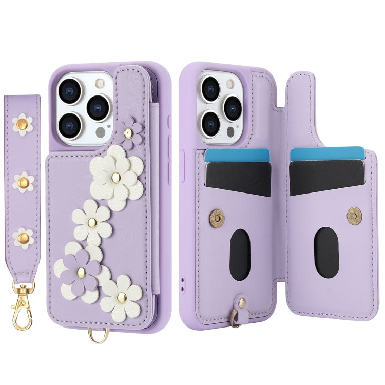 For iPhone 15 Pro Crossbody Flower Pattern Leather Phone Case