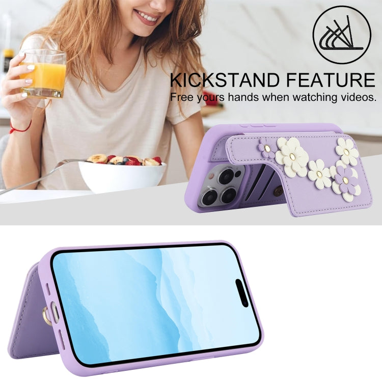 For iPhone 15 Pro Crossbody Flower Pattern Leather Phone Case