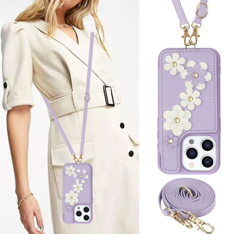 For iPhone 15 Pro Crossbody Flower Pattern Leather Phone Case