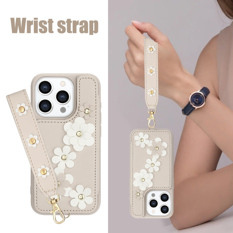 For iPhone 15 Pro Max Crossbody Flower Pattern Leather Phone Case