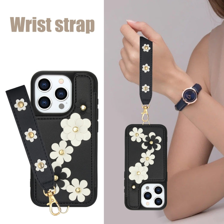 For iPhone 15 Pro Max Crossbody Flower Pattern Leather Phone Case