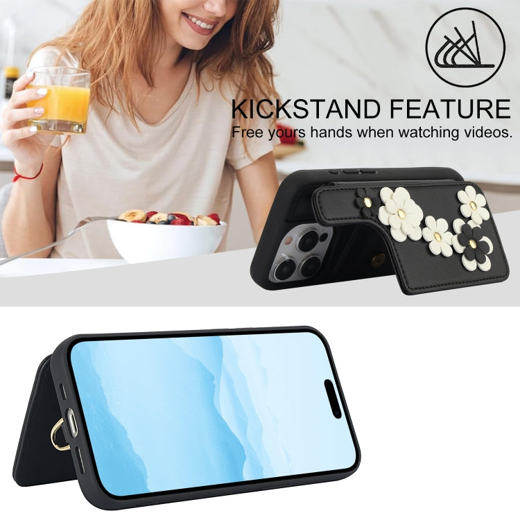 For iPhone 15 Pro Max Crossbody Flower Pattern Leather Phone Case