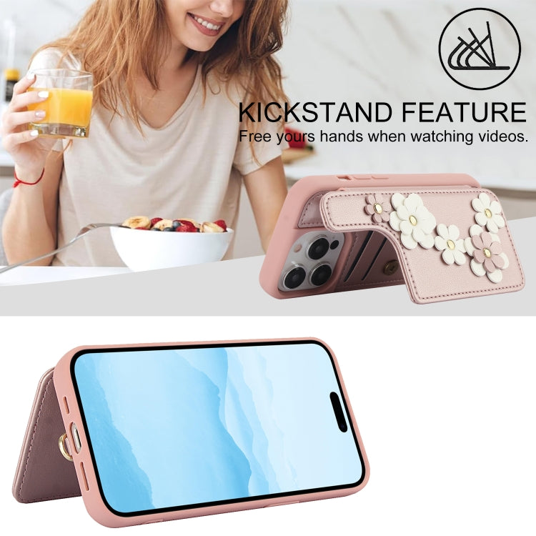 For iPhone 15 Pro Max Crossbody Flower Pattern Leather Phone Case