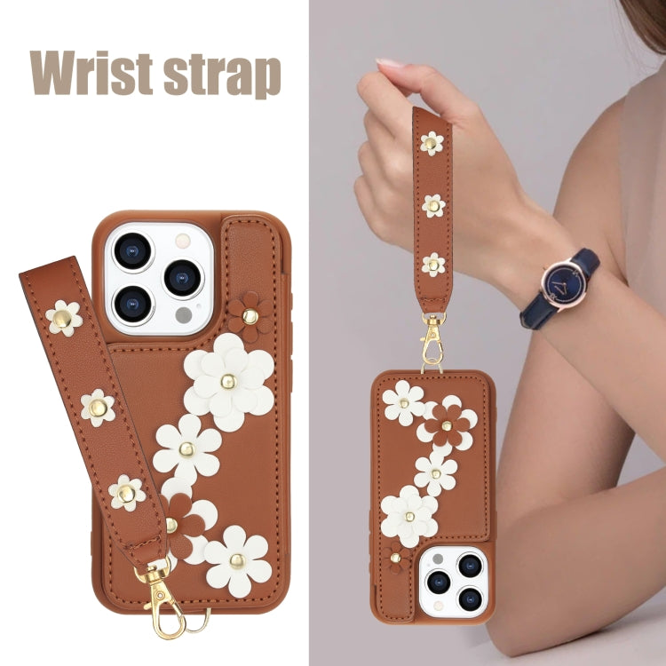 For iPhone 15 Pro Max Crossbody Flower Pattern Leather Phone Case