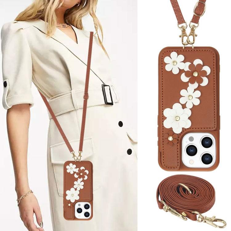 For iPhone 15 Pro Max Crossbody Flower Pattern Leather Phone Case