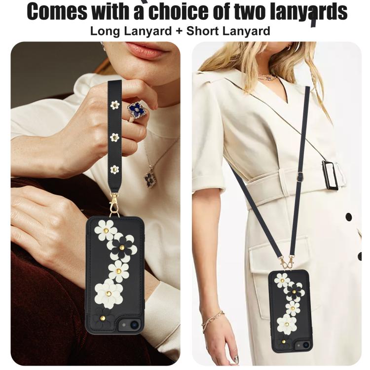 For iPhone 17e / 16e Crossbody Flower Pattern Leather Phone Case