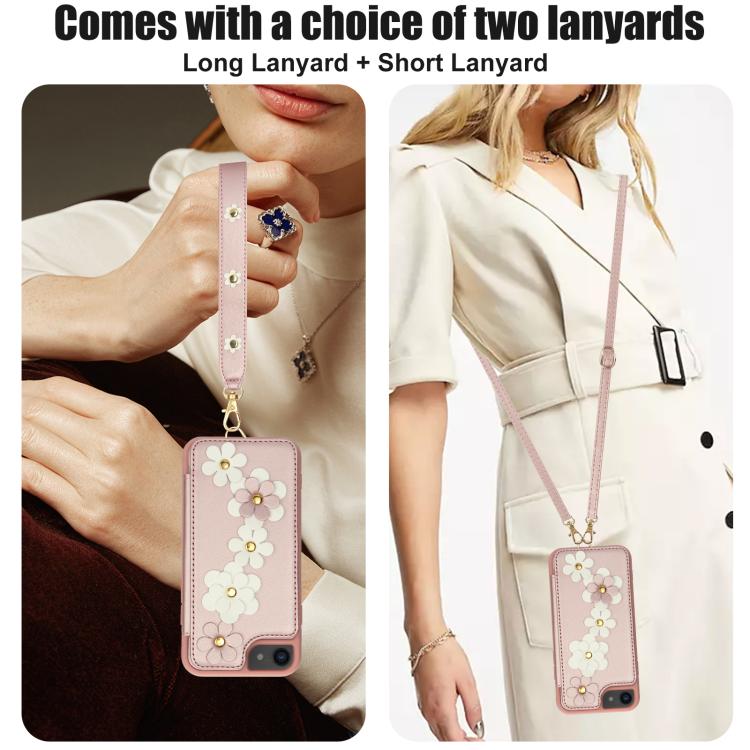 For iPhone 17e / 16e Crossbody Flower Pattern Leather Phone Case