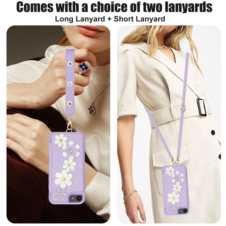 For iPhone 17e / 16e Crossbody Flower Pattern Leather Phone Case