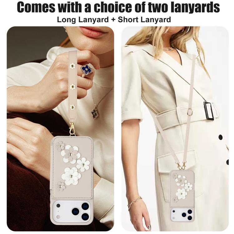 For iPhone 17 Pro Max Crossbody Flower Pattern Leather Phone Case
