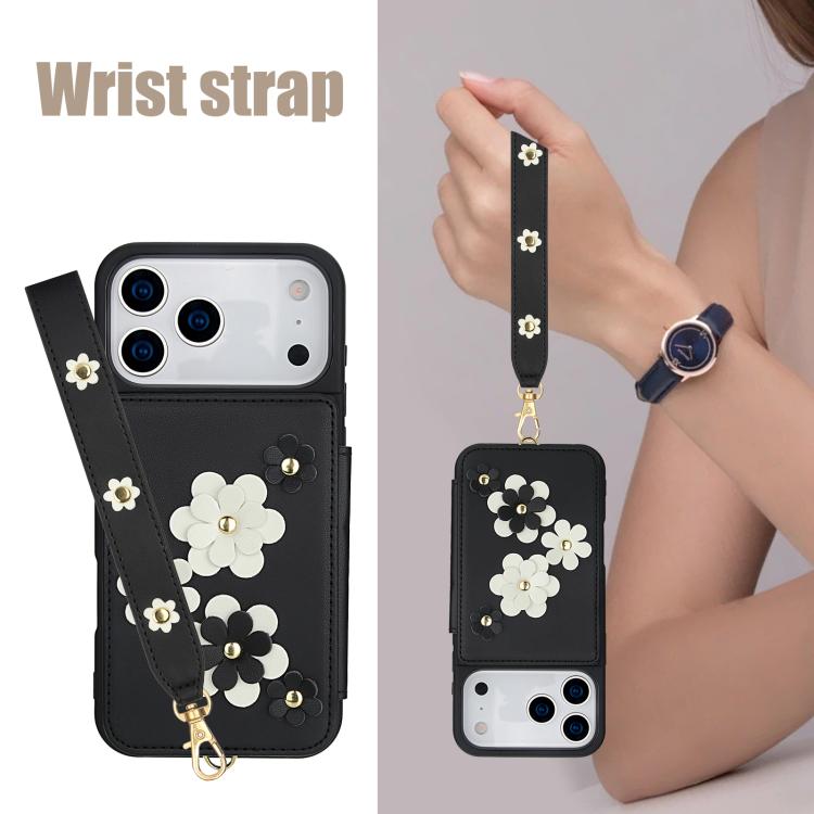 For iPhone 17 Pro Max Crossbody Flower Pattern Leather Phone Case