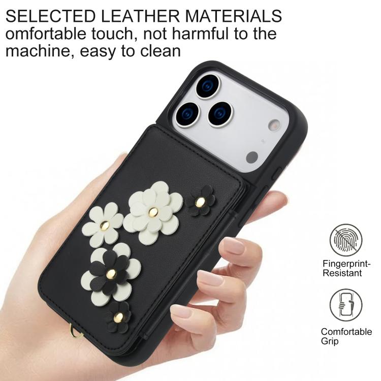 For iPhone 17 Pro Max Crossbody Flower Pattern Leather Phone Case
