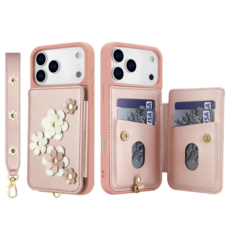 For iPhone 17 Pro Max Crossbody Flower Pattern Leather Phone Case