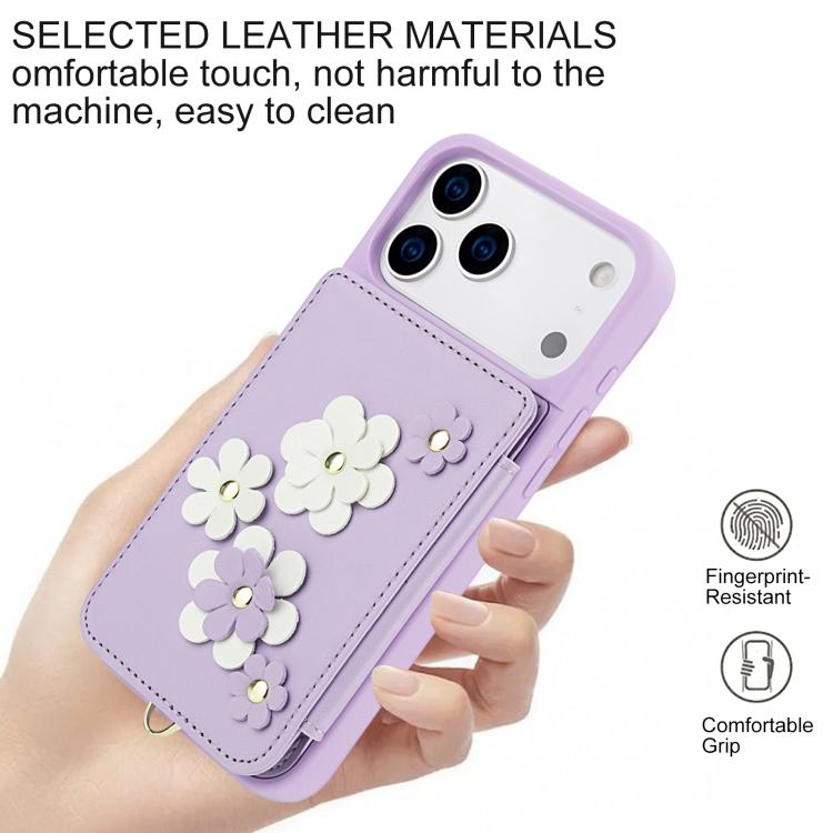 For iPhone 17 Pro Max Crossbody Flower Pattern Leather Phone Case