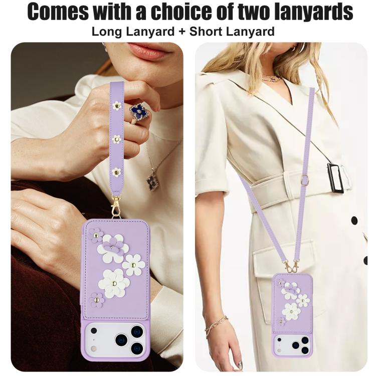 For iPhone 17 Pro Max Crossbody Flower Pattern Leather Phone Case