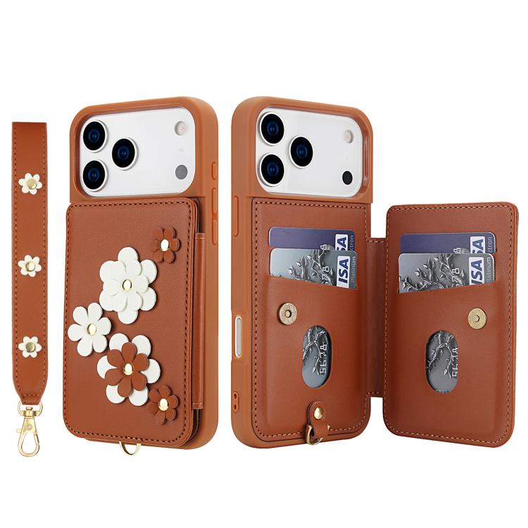 For iPhone 17 Pro Max Crossbody Flower Pattern Leather Phone Case