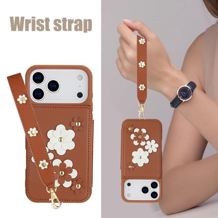 For iPhone 17 Pro Max Crossbody Flower Pattern Leather Phone Case