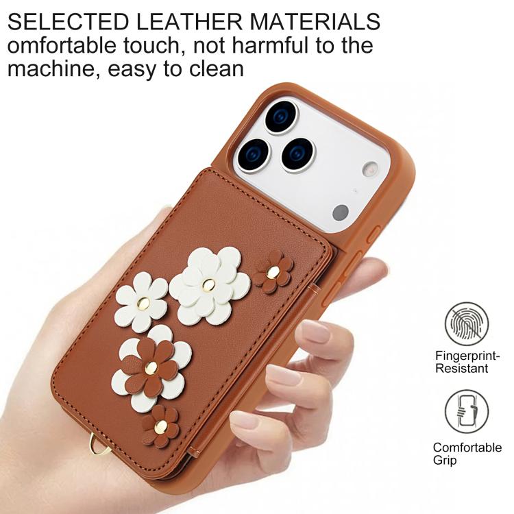 For iPhone 17 Pro Max Crossbody Flower Pattern Leather Phone Case