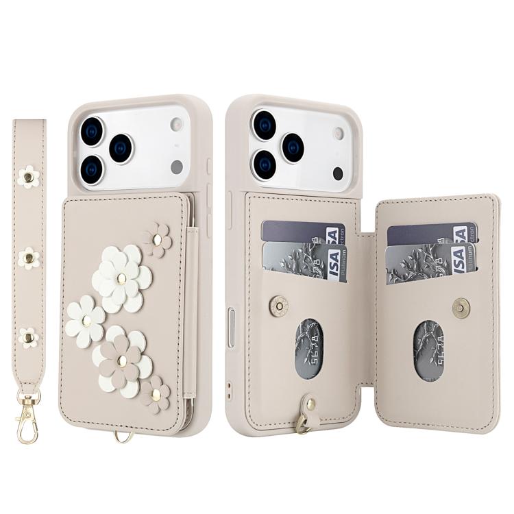 For iPhone 17 Pro Crossbody Flower Pattern Leather Phone Case