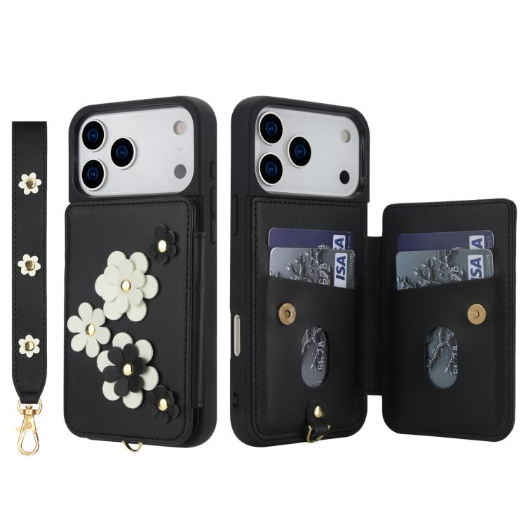 For iPhone 17 Pro Crossbody Flower Pattern Leather Phone Case