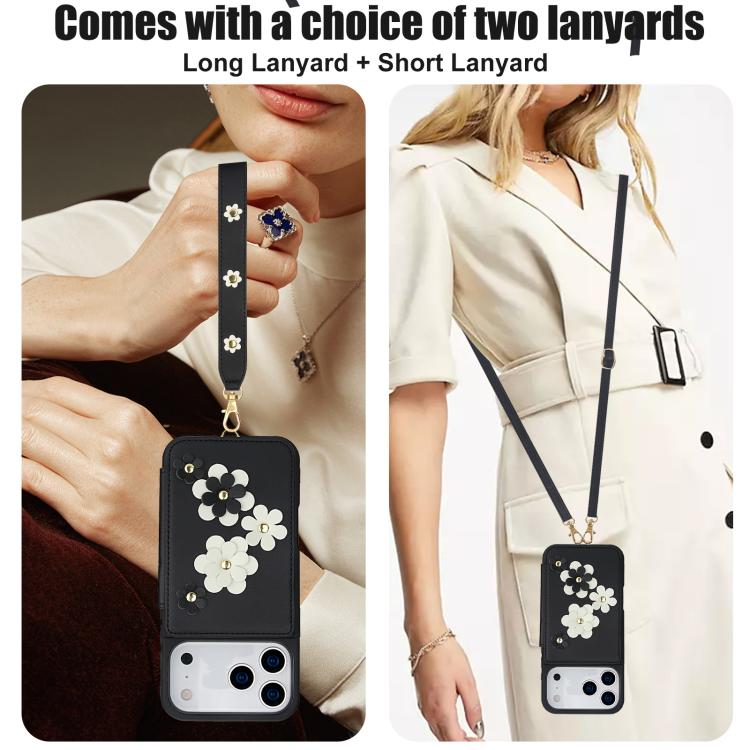 For iPhone 17 Pro Crossbody Flower Pattern Leather Phone Case