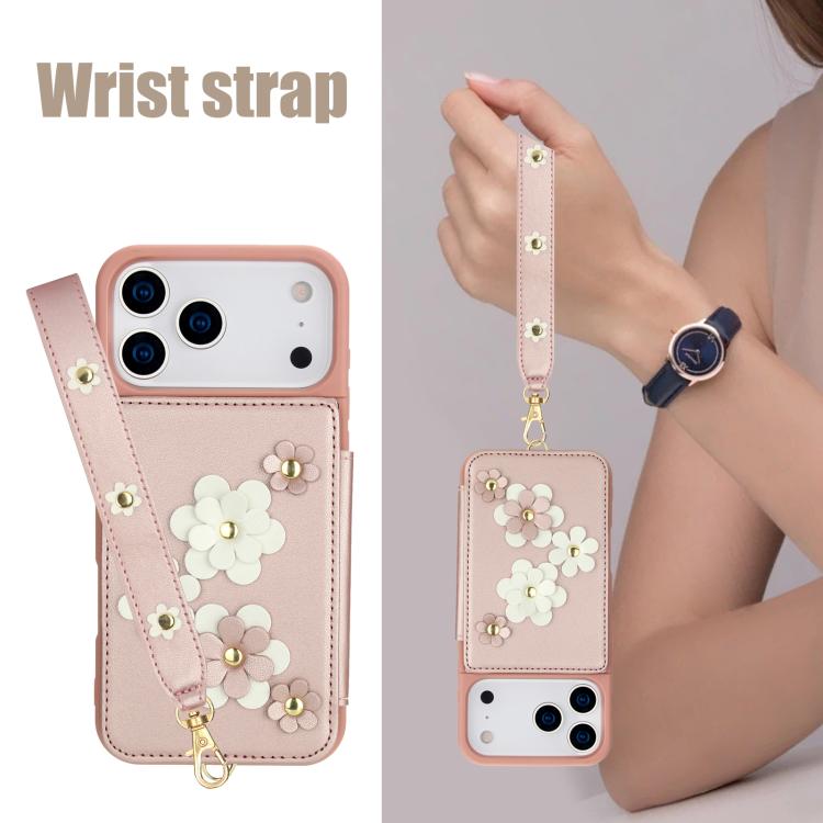 For iPhone 17 Pro Crossbody Flower Pattern Leather Phone Case